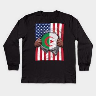 Algeria Flag American Flag Ripped - Gift for Algerian From Algeria Kids Long Sleeve T-Shirt